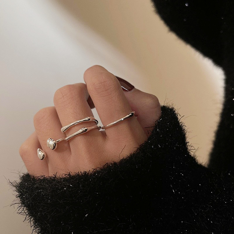 美式韩版s925纯银小众设计不规则简约素圈戒指女叠戴潮人指环冷淡