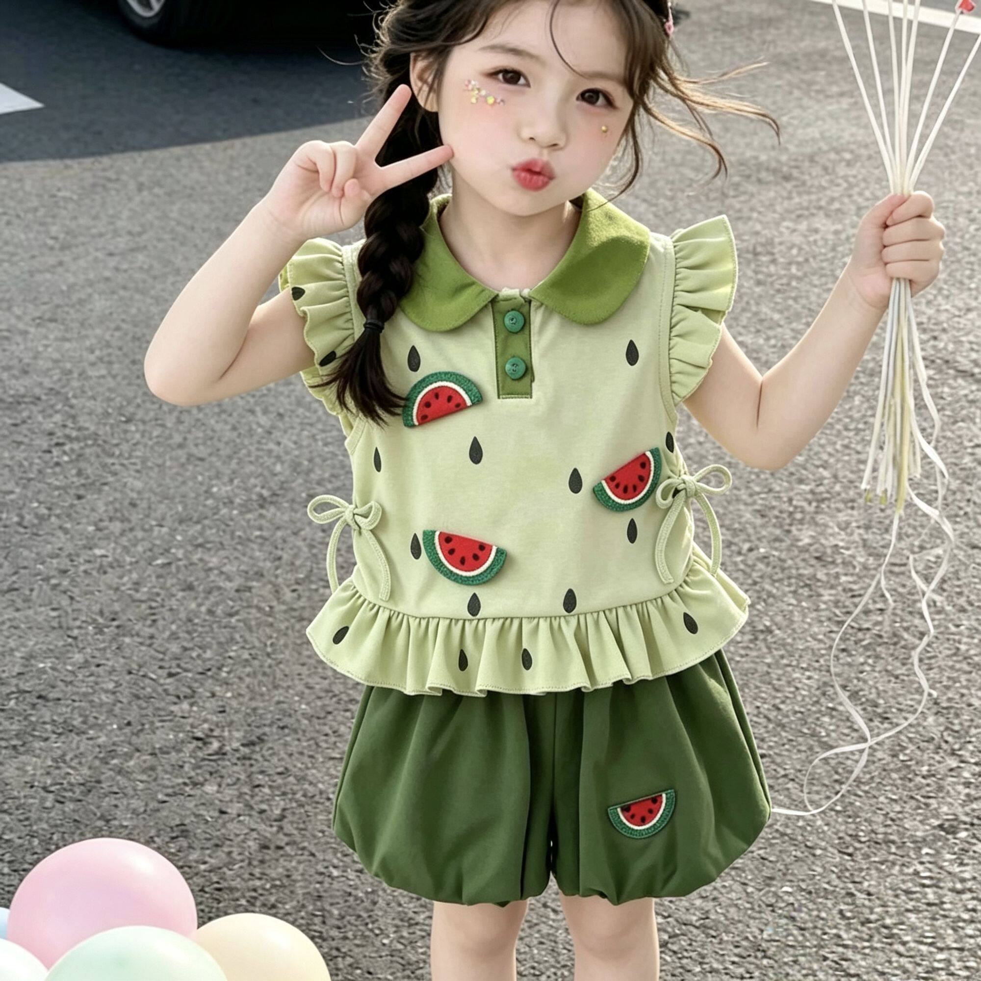 萌趣西瓜图案女宝宝夏装可爱娃娃领儿童套装女宝宝氛围设计感独特