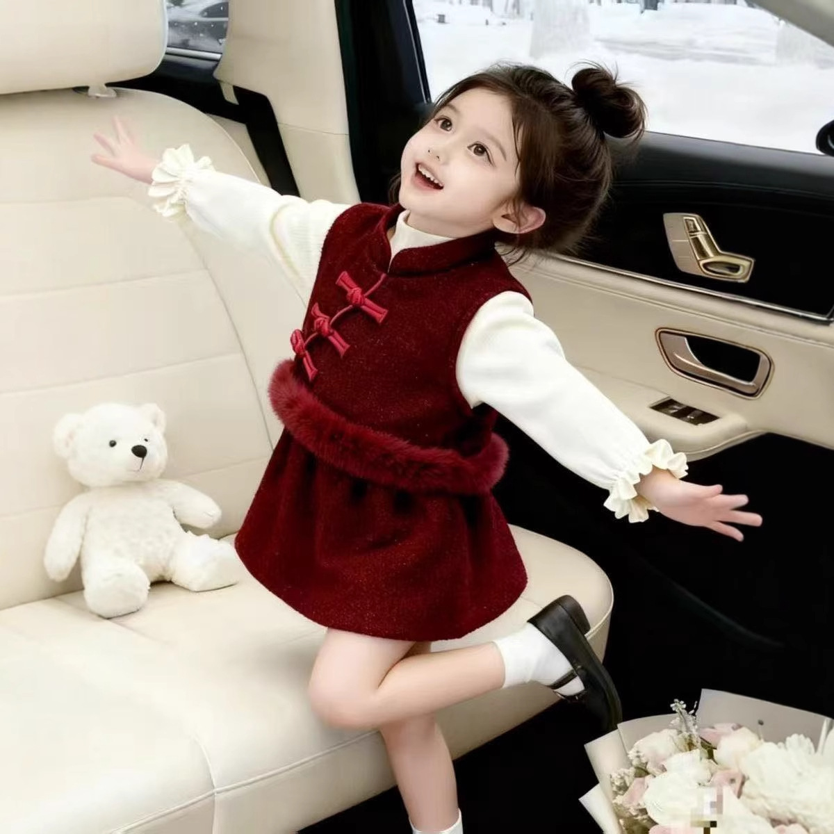 女童中式连衣裙冬季新款新年衣服旗袍加绒背心裙礼服裙