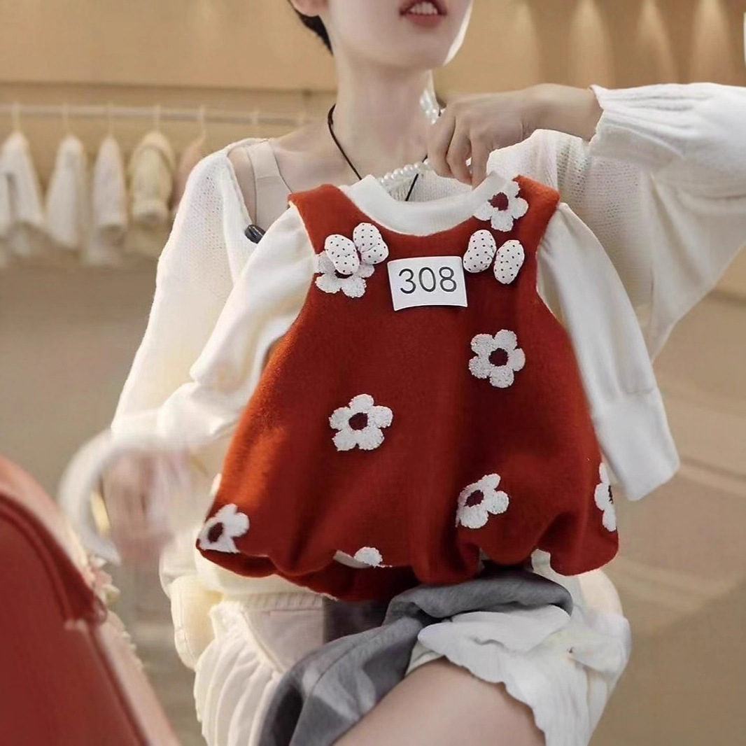 女小童花朵背心裙子秋冬季2025新款针织毛衣洋气甜美时尚两件套