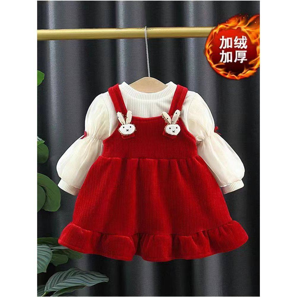 女童连衣裙冬装2023新款儿童加绒公主裙一周岁宝宝礼服抓周宴冬季