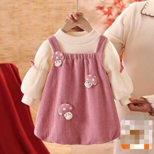 女童假两件连衣裙春秋2025新款儿童裙子春季洋气女宝宝蘑菇公主裙