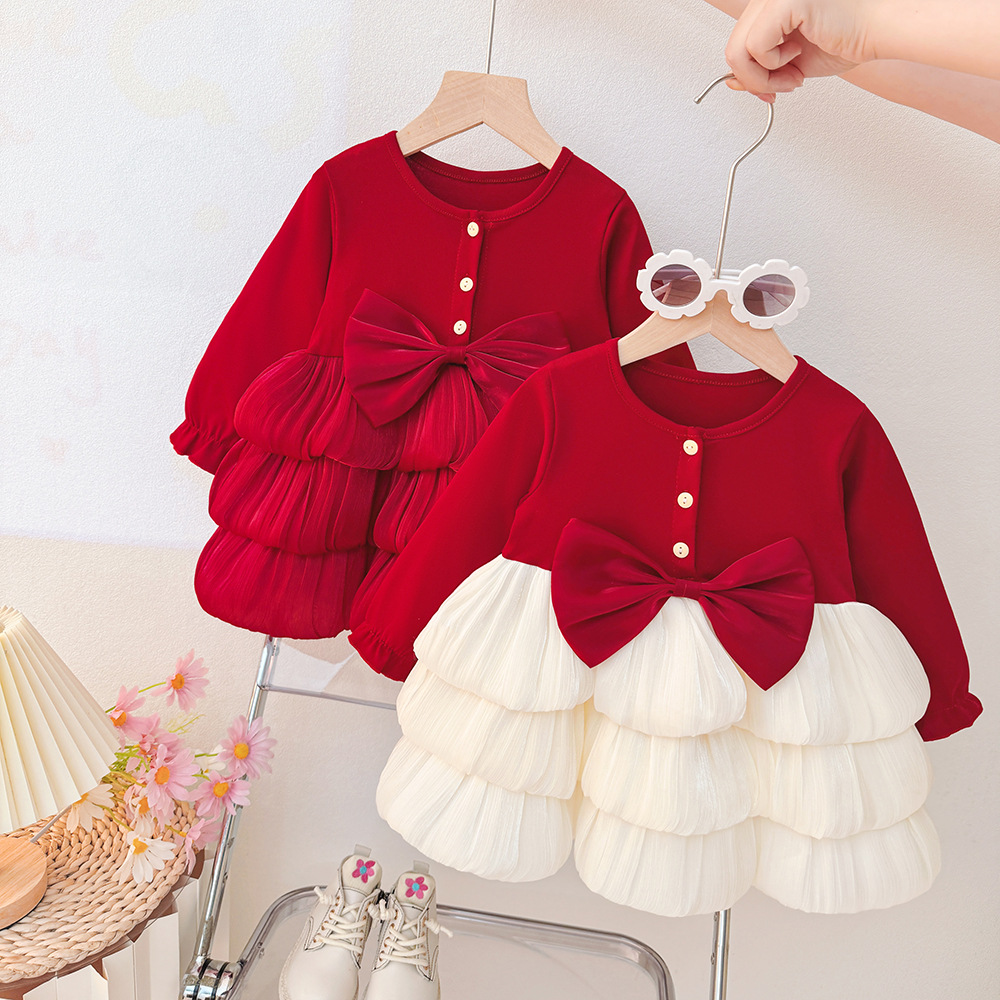 儿童秋季新款公主连衣裙女宝宝长袖红色圣诞连衣裙圆领新年裙子