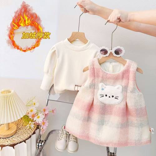 2025秋冬新款儿童女童毛绒小猫刺绣格子加绒长袖卡通连衣裙两件套