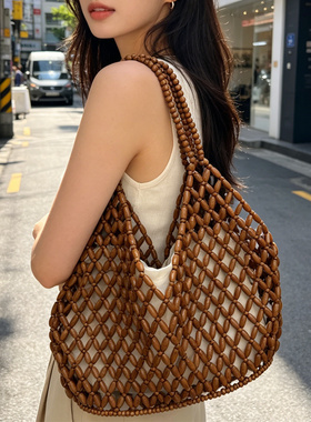 2026新文艺风木珠编织托特包女单肩手提包大容量休闲度假风沙滩包