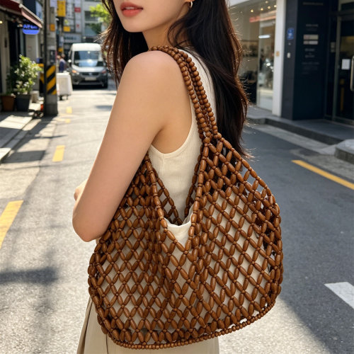 文艺风木珠编织托特包女单肩包