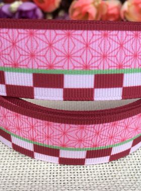 25mm新款鬼灭背景红格子印花罗纹织带diy发饰材料2012091