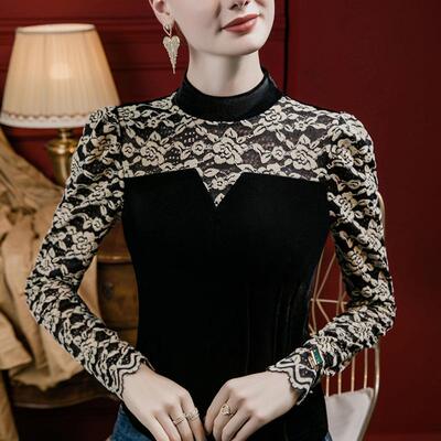 丝气绒半高101692领蕾丝款拼接小衫女泡气泡袖洋2023秋季新洋设计