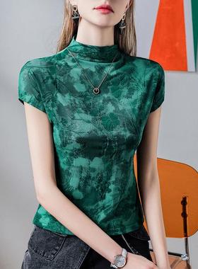 立体浮雕植时绒立领短袖女102202短袖202恤4夏季新款上半高领气质