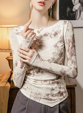 复古印花一字领纱打0底秋衫102797女224季新款褶网皱拼接设计感女