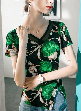 印短领袖女网纱拼恤接2023春花夏新款别致半袖洋100923气打底衫夏