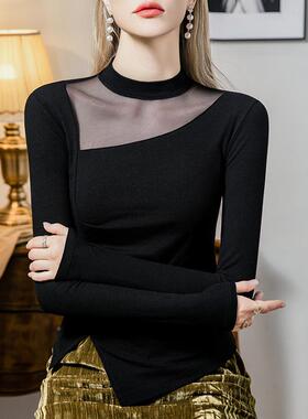 高领网拼102660接打底衫半女修身螺纹装2024秋季新款洋气女纱黑色