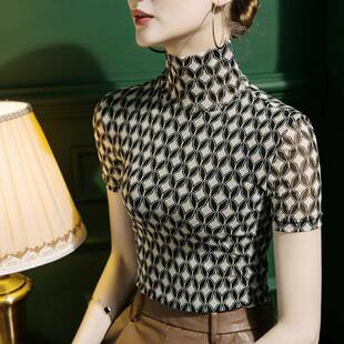烫衫 高领网纱5495打底女格子短袖 金上洋气印花春内 新款 2022秋秋季