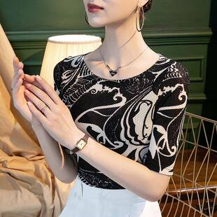 春夏气洋袖 202夏季 五2中分袖 一字领复古印花蕾丝恤女修身 新5123款