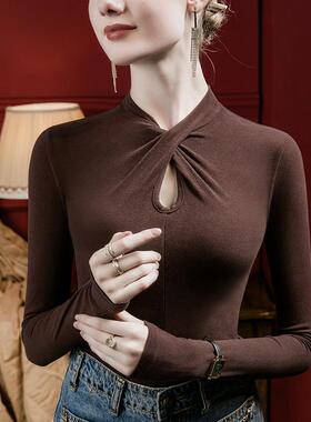 设计感小众镂空磨毛打衫女修身小2023季新款纯色洋101687气秋长底