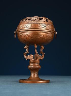 品紫铜虎纹雕香艺炉家居茶香道用禅意熏透虎纹透雕香炉盘香线香紫