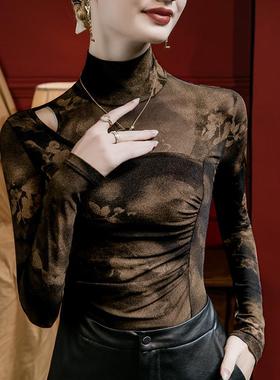 高冬领亮丝101732扎染印花网纱小打底衫女身2023秋修季新款镂空洋