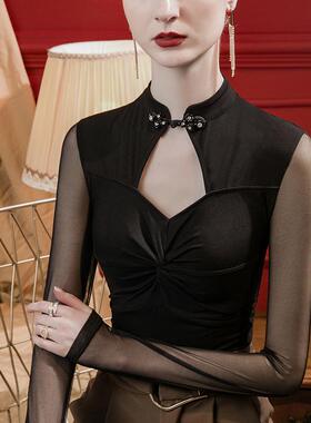 秋款复古盘扣中国风恤女长袖修身023季101352新镂2空洋气网纱拼接