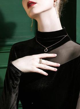 丝2绒半高领打感底衫女设计感冬网纱拼100309接性202秋冬内搭上衣