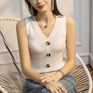 背心洋纽扣春夏白色上无衣袖 202气1夏新款 无袖 女季 冰3971丝针织衫