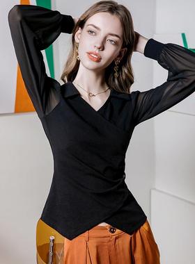 领时髦设上衣叉女欧美范交101970计224春季新款网纱灯笼袖长袖0小