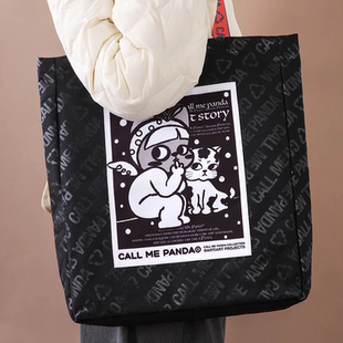 CALL ME PANDA 比特黑色环保托特包 单肩包 大容量 学生包通勤包