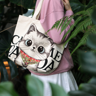 CALL ME PANDA 猫主题礼物 字母猫咪帆布包 单肩包 通勤包 中号