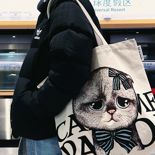 CALL ME PANDA字母猫咪帆布包 单肩包 大容量 学生包通勤包 大号