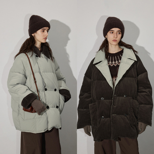 半圆女装[文艺]2024冬季新款双面穿羽绒服女舒适柔软灯芯绒高级感