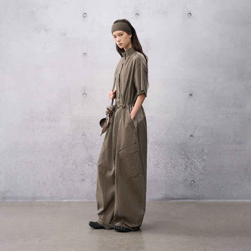 纯棉 半圆原创设计2026夏季[复古]宽松休闲工装风水洗连体裤子女