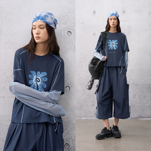 棉麻混纺 半圆女装[运动]2026春宽松休闲假两件植绒印花T恤女上衣