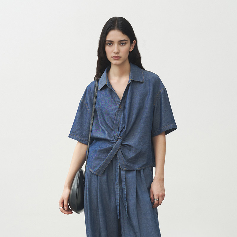 天丝亚麻 半圆女装[复古]2025夏季薄款直角翻领牛仔短袖衬衫女