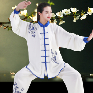 新品春夏秋款嘉嘉棉竹叶青花瓷刺绣太极服中老年练功武术表演服装