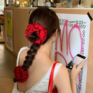 好高级韩系甜美MONA同款花球发圈法式纯色褶皱大肠发圈丸子头发饰