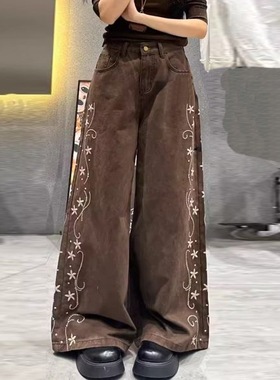 刺绣花设计感休闲牛仔裤女秋冬季新款高腰宽松显瘦百搭直筒阔腿裤