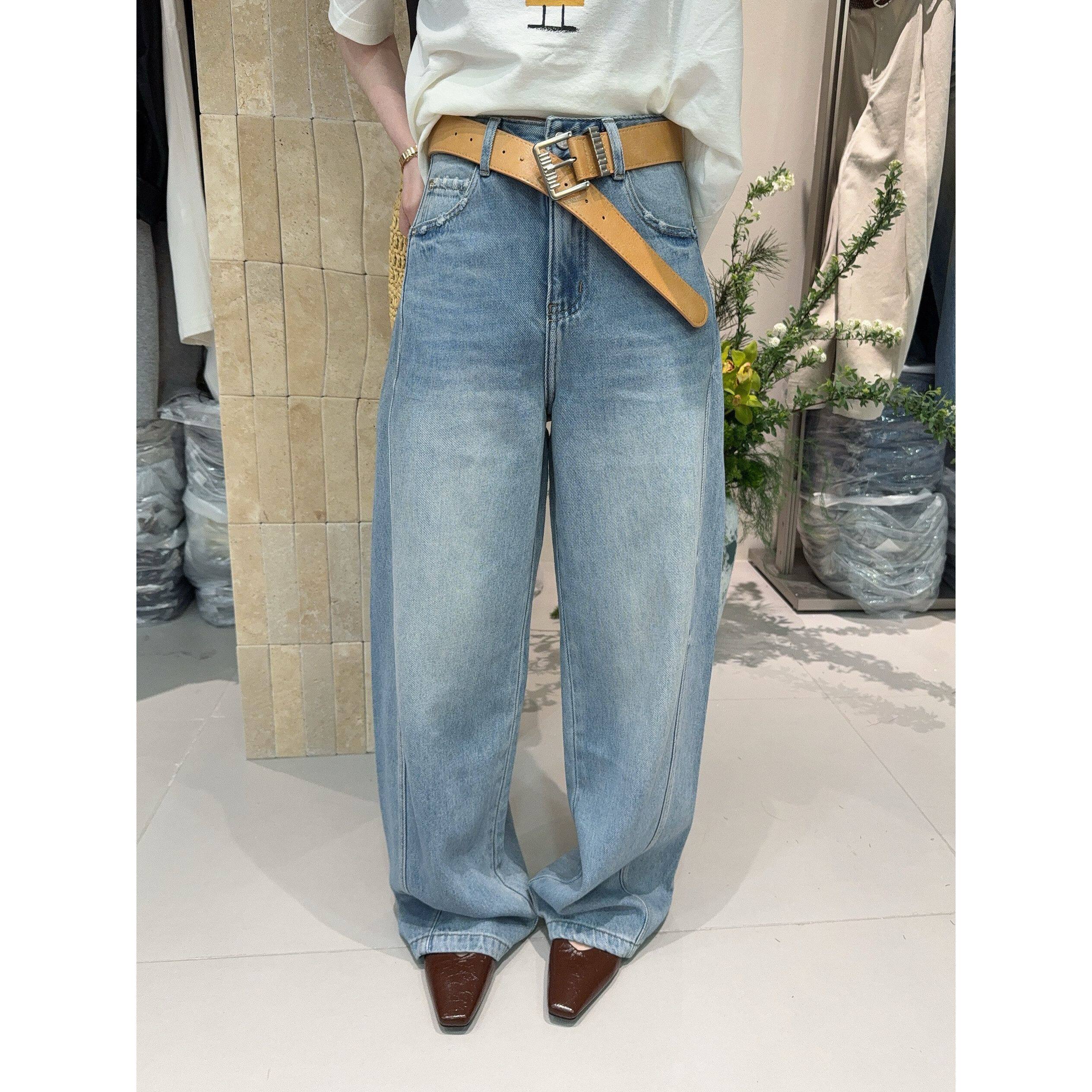 欧洲站2026春季咖色腰带水洗韩蓝色复古口袋磨破百搭牛仔弯刀长裤