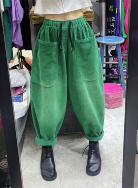 爆款休闲裤女2023秋冬季新款松紧腰宽松大码灯芯绒条纹哈伦九分裤