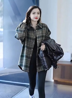 商场专柜撤回品牌复古格子长袖衬衫外套女秋冬款加绒加厚休闲上衣