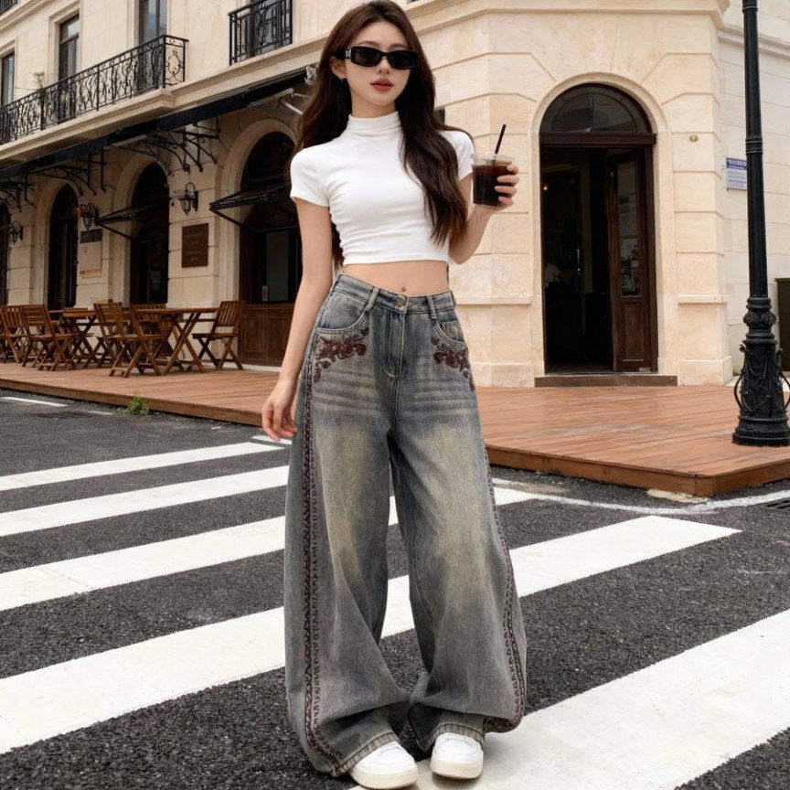 侧边刺绣设计牛仔弯刀裤女春秋新款高腰宽松显瘦百搭直筒香蕉裤潮,女装/女士精品,牛仔裤,淘宝优惠券,粉丝福利购,淘宝优惠卷