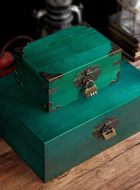 木盒实木木箱复古小首饰收纳盒绿色长方形带锁箱子木质盒子