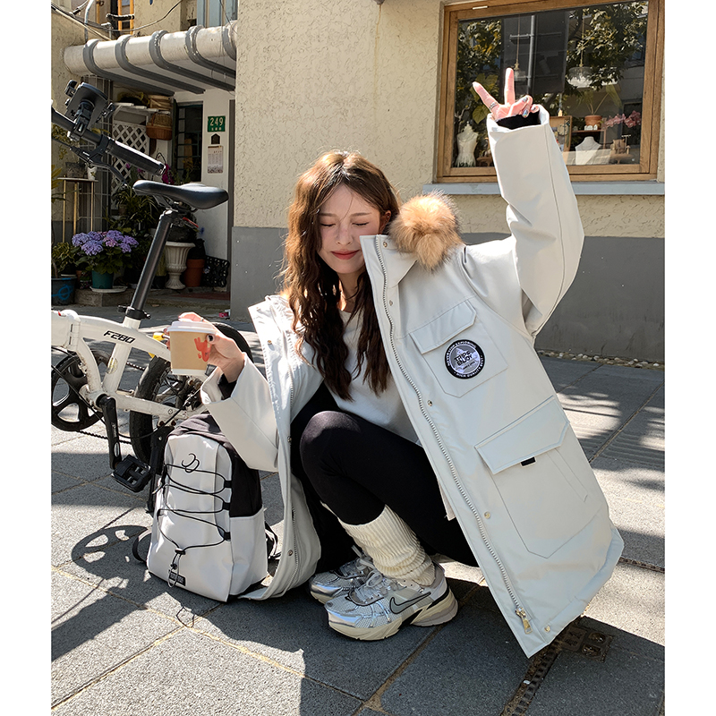 工装羽绒服女款冬季2024新款中长款小个子毛领极寒加厚派克服外套