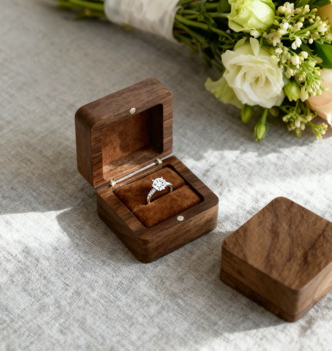胡桃木戒指盒对戒盒复古木质森系田园户外婚礼求婚钻戒盒单戒小众