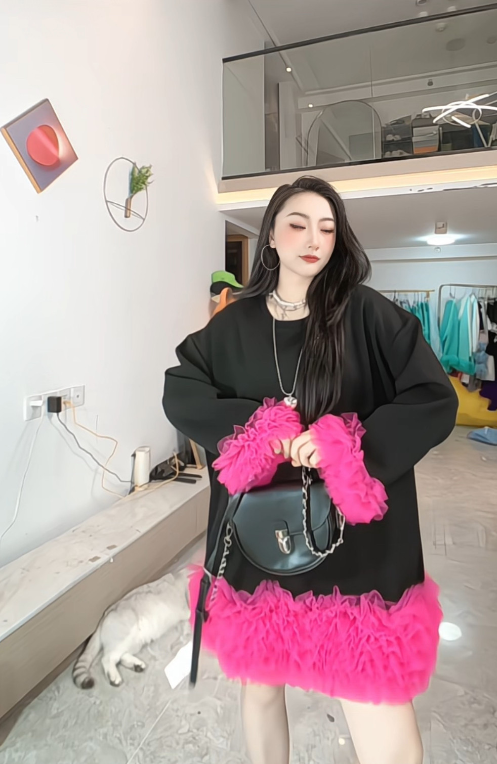 韩系甜美圆领拼接网纱下摆卫衣女秋季新款慵懒风针织衫
