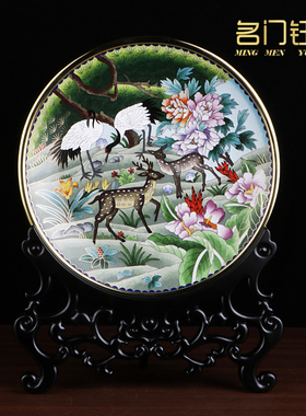 景泰蓝赏瓶鹤鹿同春摆件