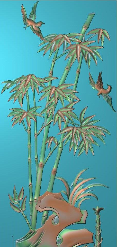 竹子鸟精雕图屏风背景墙木雕石雕砂岩竹报平安浮雕灰度图素材036