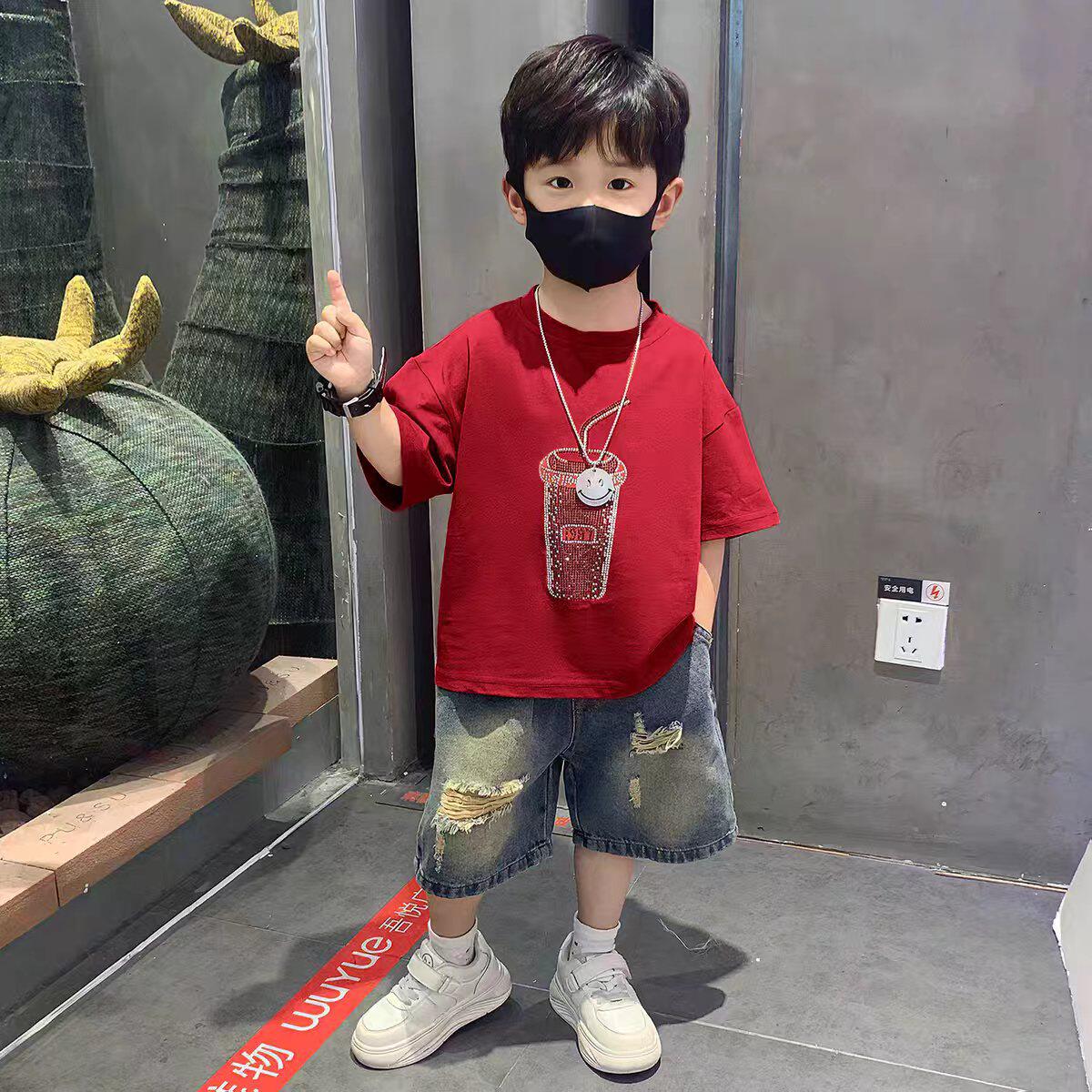 男童短袖可乐烫钻T恤套装夏季儿图片