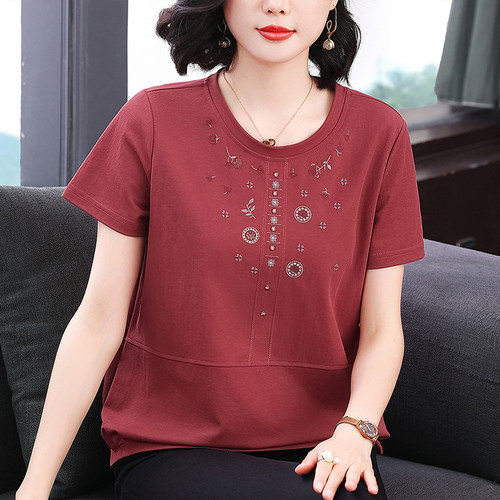五十多岁妈妈纯棉绣花短袖t恤女