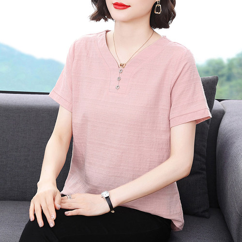 妈妈宽松v领全棉短袖t恤棉麻上衣