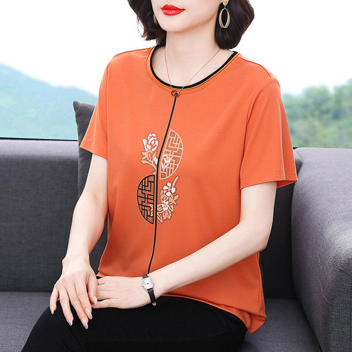 妈妈洋气烫钻印花纯棉短袖t恤女