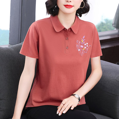 妈妈有领纯棉短袖t恤绣花POLO衫